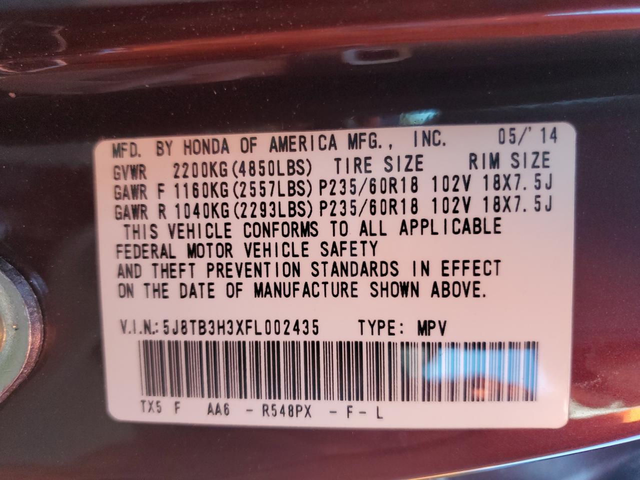 2015 Acura Rdx VIN: 5J8TB3H3XFL002435 Lot: 92234945