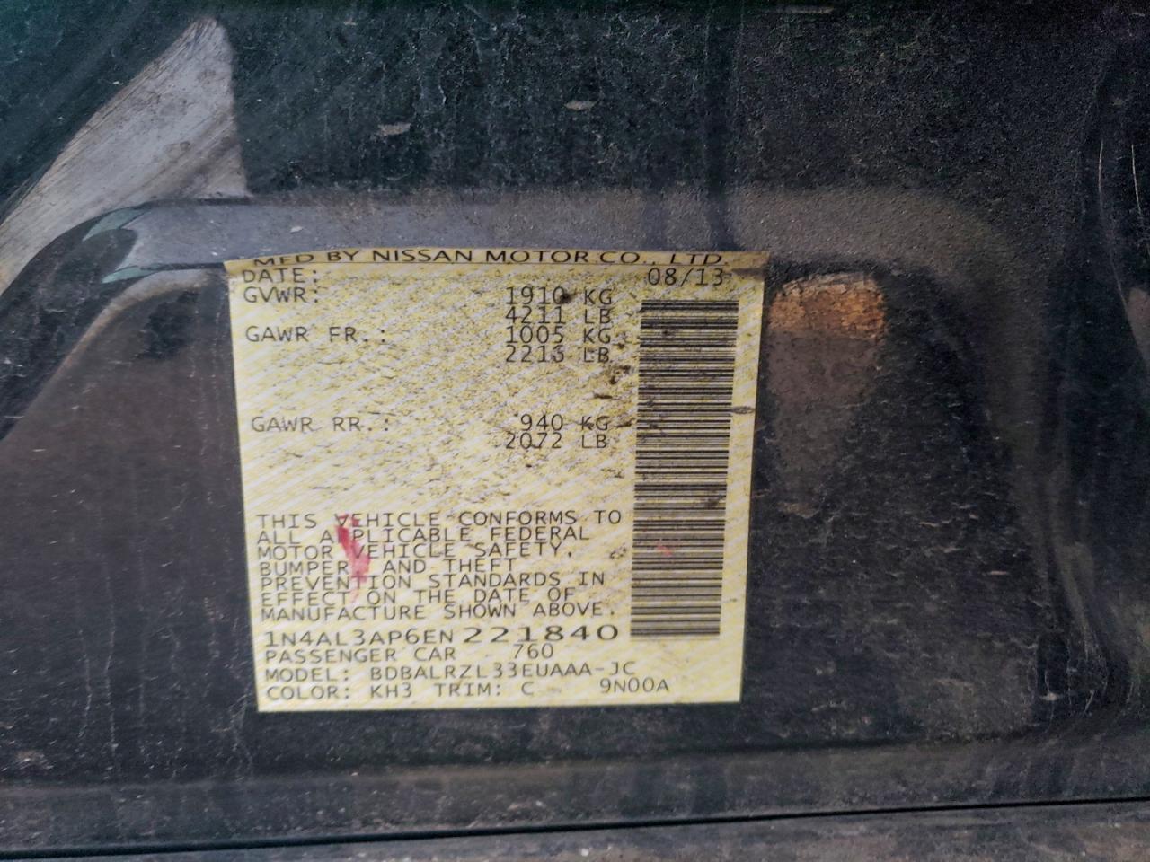 2014 Nissan Altima 2.5 VIN: 1N4AL3AP6EN221840 Lot: 94559125