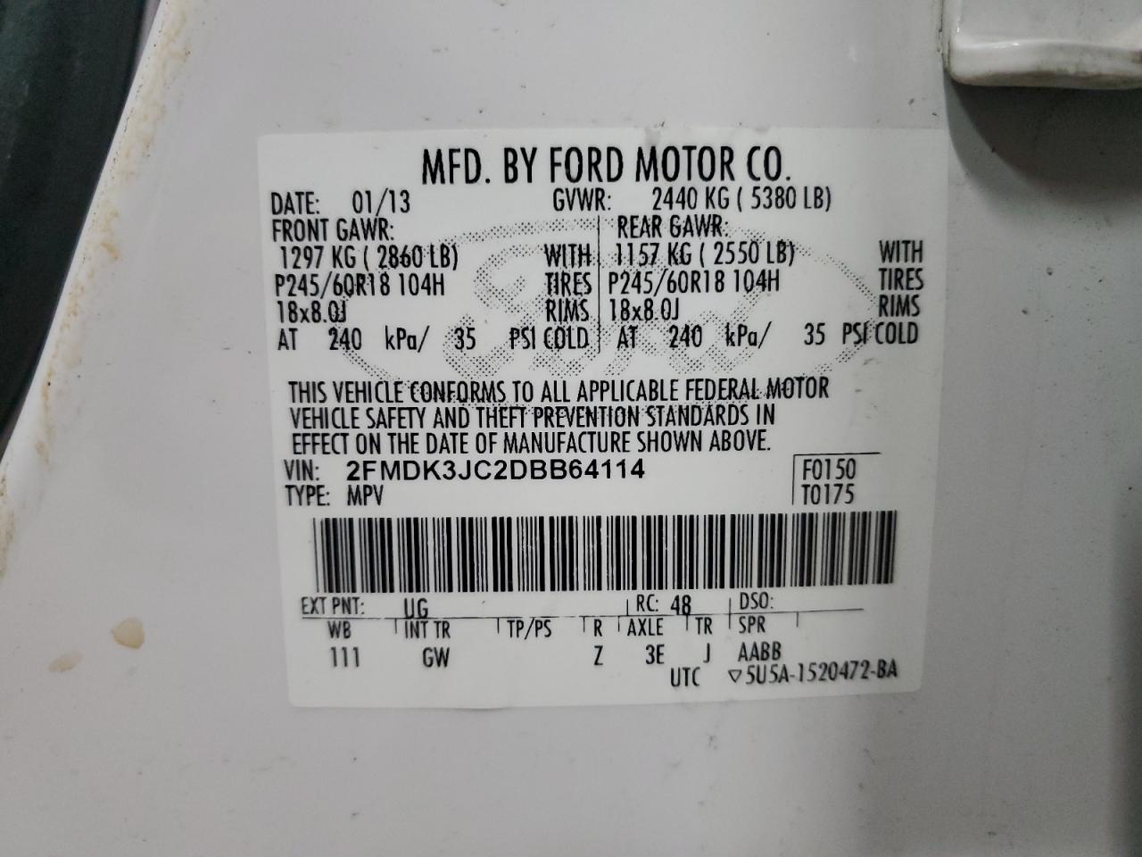 2013 Ford Edge Sel VIN: 2FMDK3JC2DBB64114 Lot: 92670605