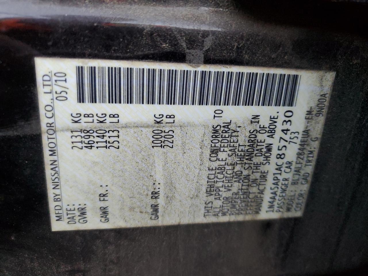 2010 Nissan Maxima S VIN: 1N4AA5AP1AC857430 Lot: 91461025