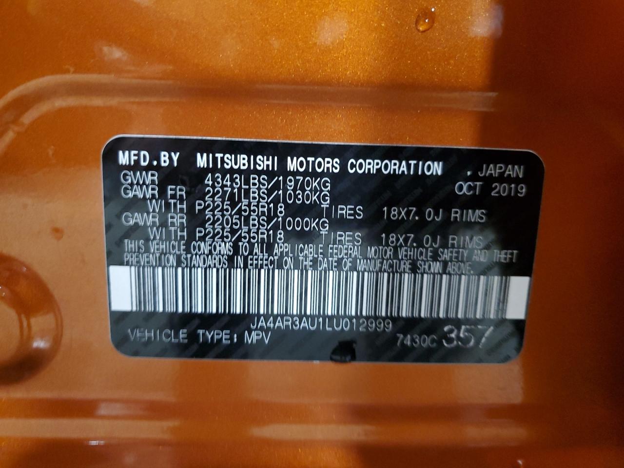 2020 Mitsubishi Outlander Sport Es VIN: JA4AR3AU1LU012999 Lot: 92106985