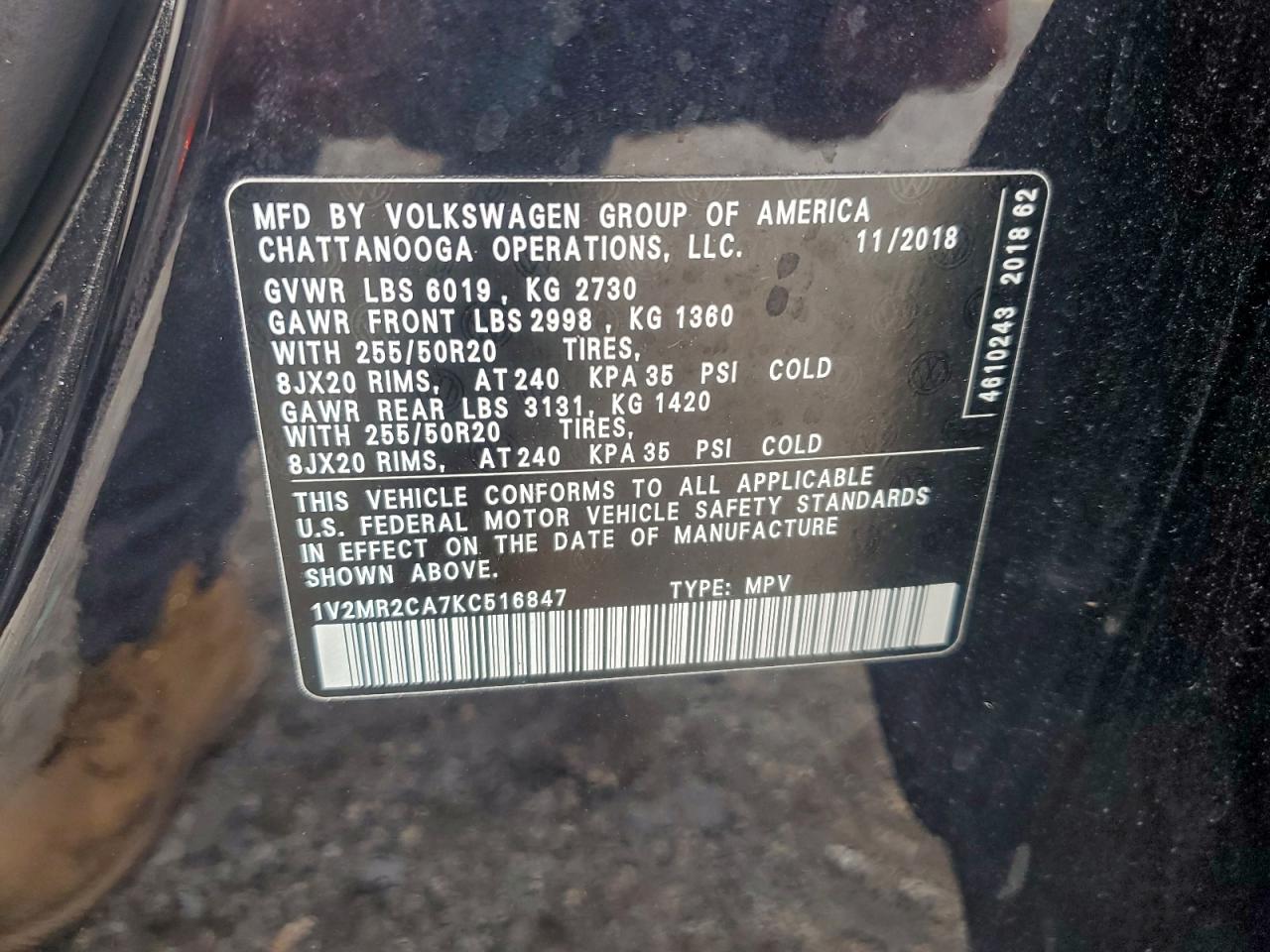 2019 Volkswagen Atlas Sel VIN: 1V2MR2CA7KC516847 Lot: 93909675