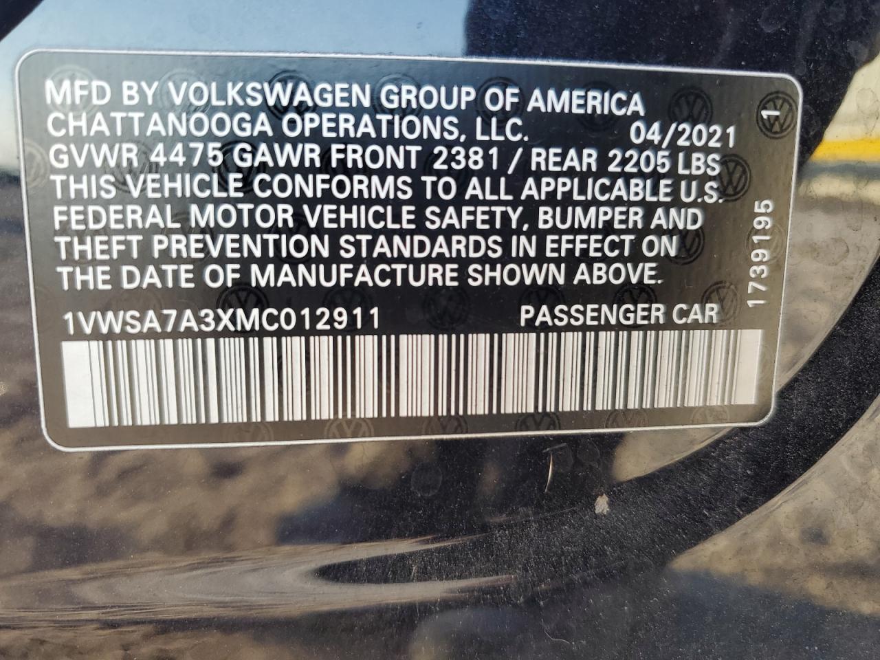 2021 Volkswagen Passat Se VIN: 1VWSA7A3XMC012911 Lot: 93300315