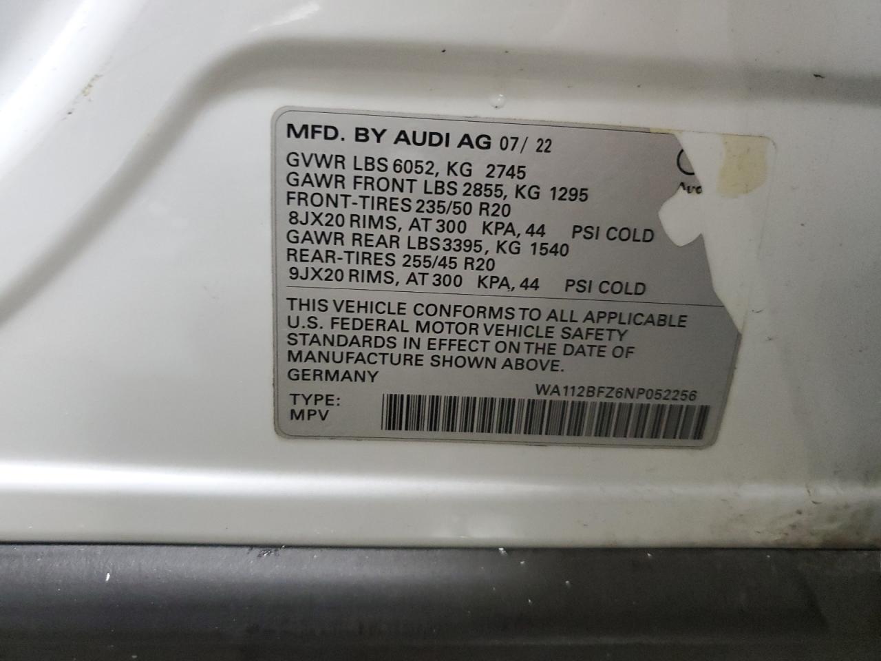 2022 Audi Q4 E-Tron Sportback Prestige VIN: WA112BFZ6NP052256 Lot: 93511095