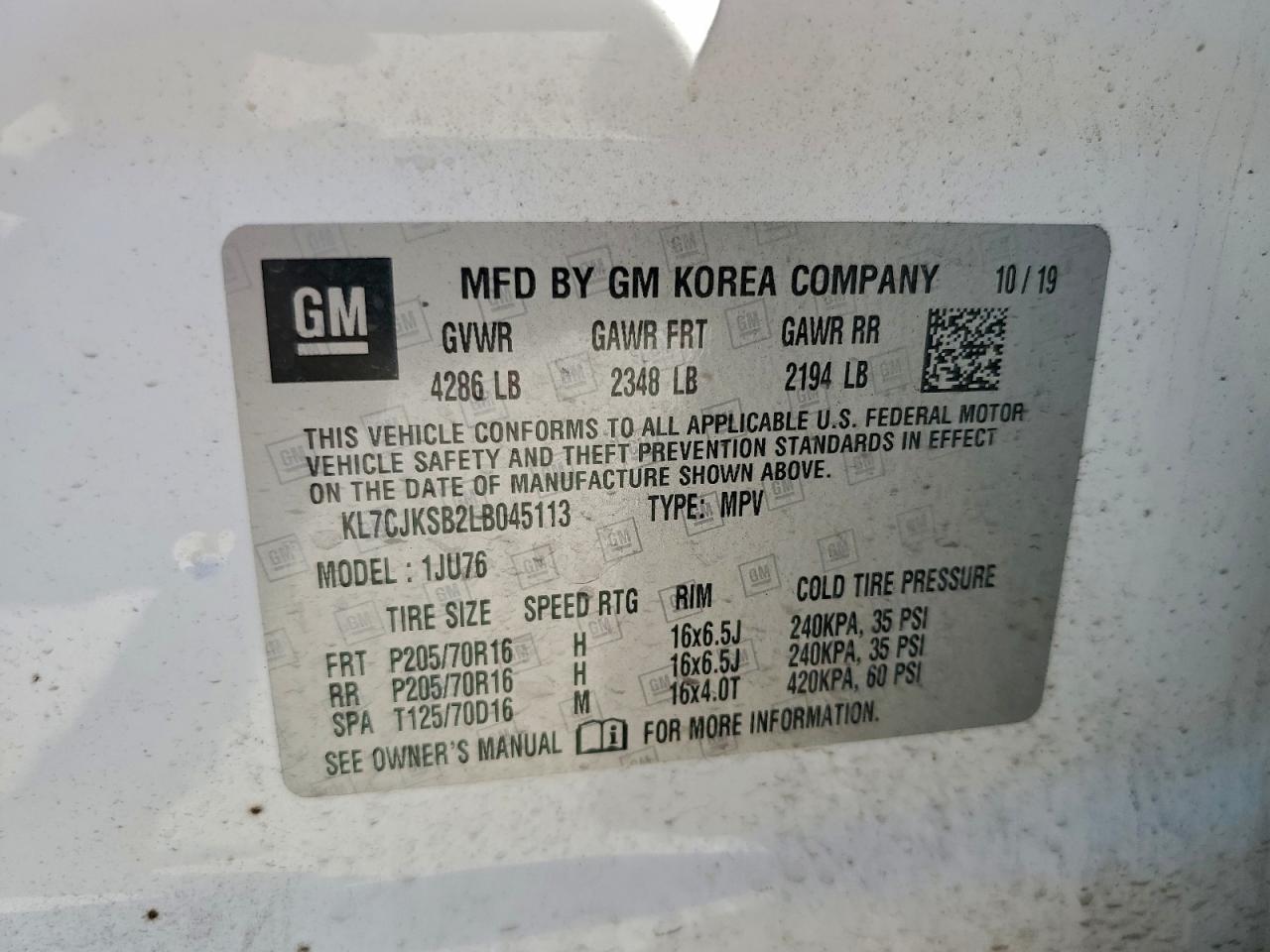 2020 Chevrolet Trax Ls VIN: KL7CJKSB2LB045113 Lot: 93059285