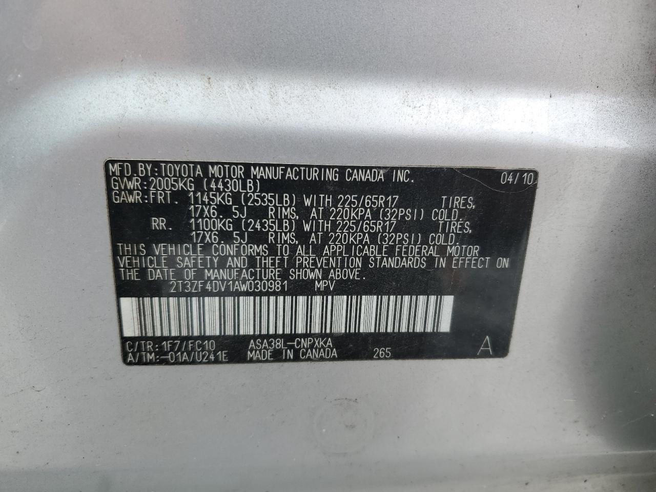 2010 Toyota Rav4 VIN: 2T3ZF4DV1AW030981 Lot: 92345415