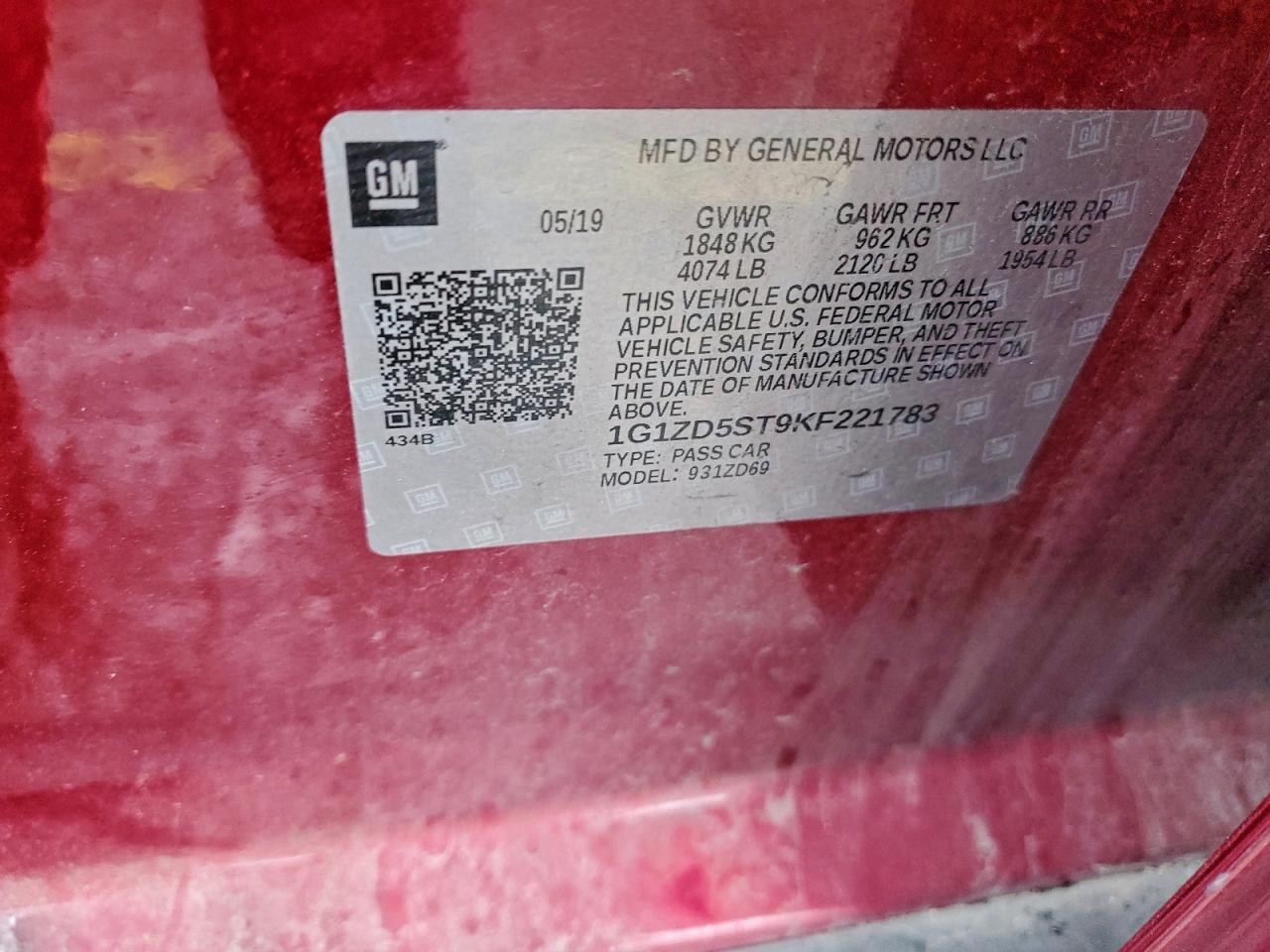 2019 Chevrolet Malibu Lt VIN: 1G1ZD5ST9KF221783 Lot: 94485495