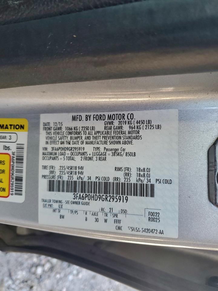 2016 Ford Fusion Se VIN: 3FA6P0HD9GR295919 Lot: 94245495