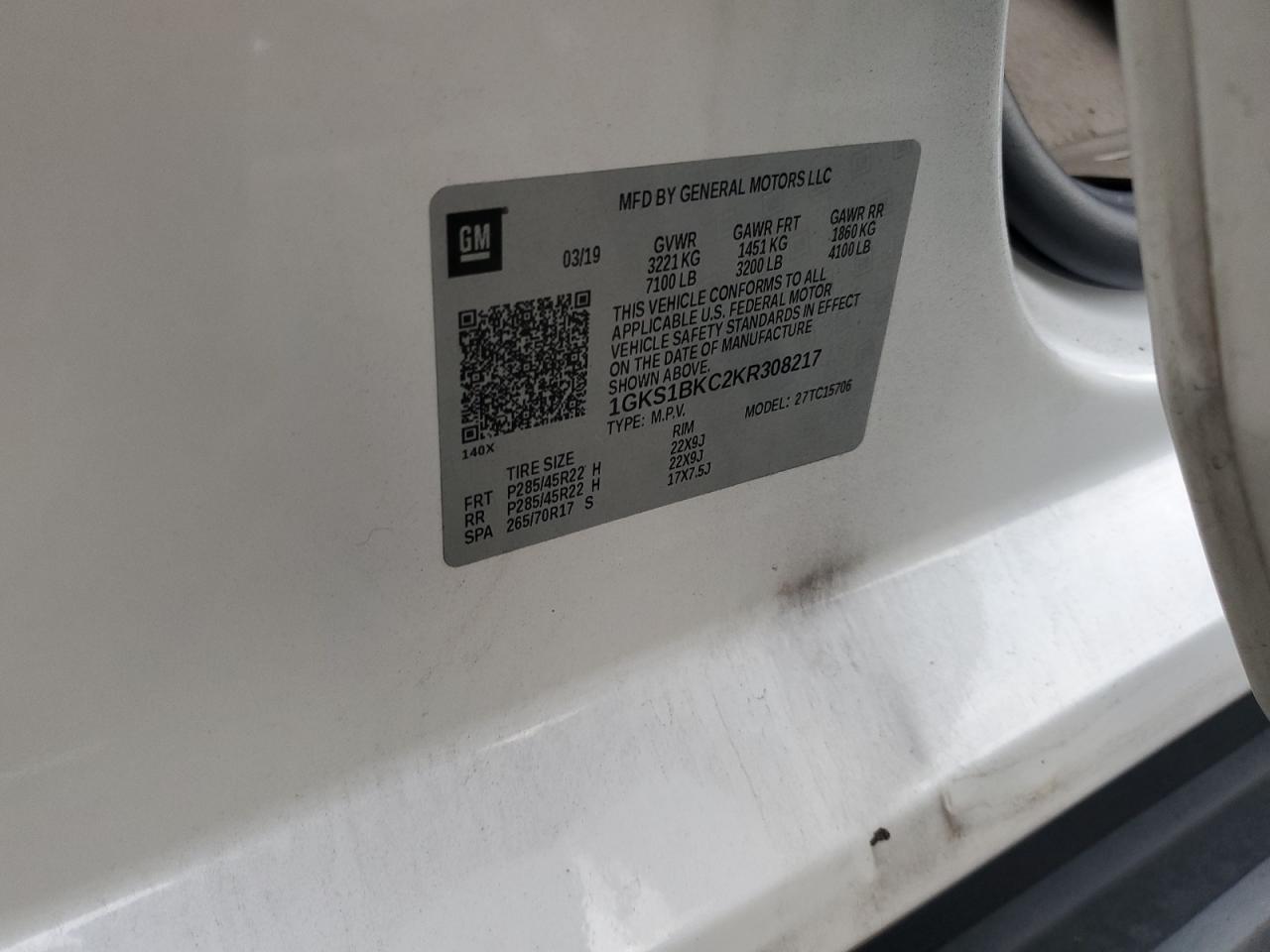 2019 GMC Yukon Slt VIN: 1GKS1BKC2KR308217 Lot: 92402265