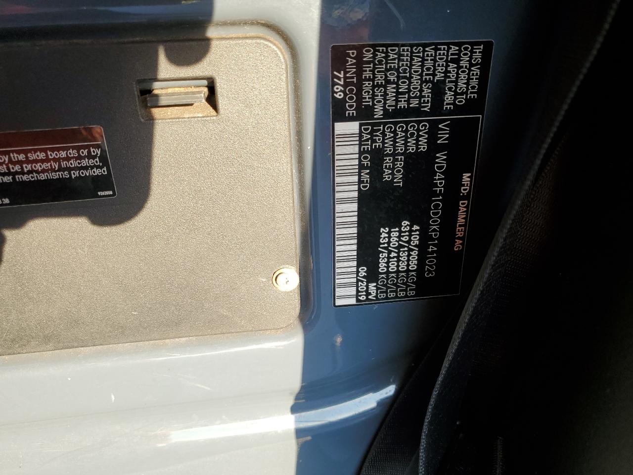 2019 Mercedes-Benz Sprinter 2500/3500 VIN: WD4PF1CD0KP141023 Lot: 93487395