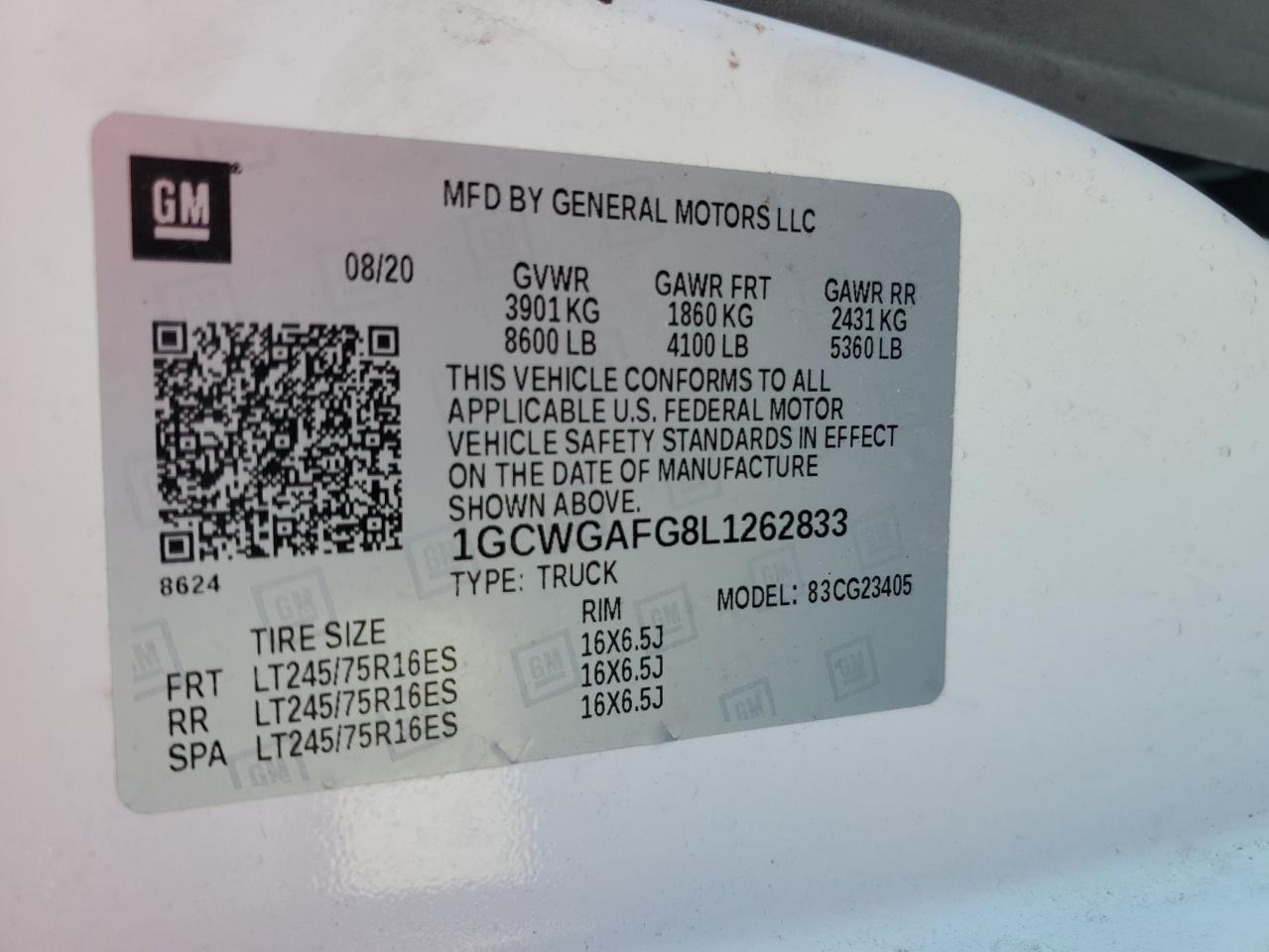 2020 Chevrolet Express G2 Delivery Van VIN: 1GCWGAFG8L1262833 Lot: 91858965