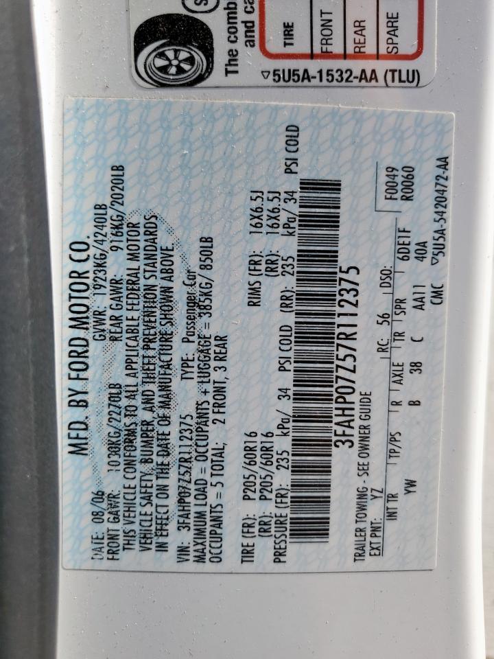 2007 Ford Fusion Se VIN: 3FAHP07Z57R112375 Lot: 91571375