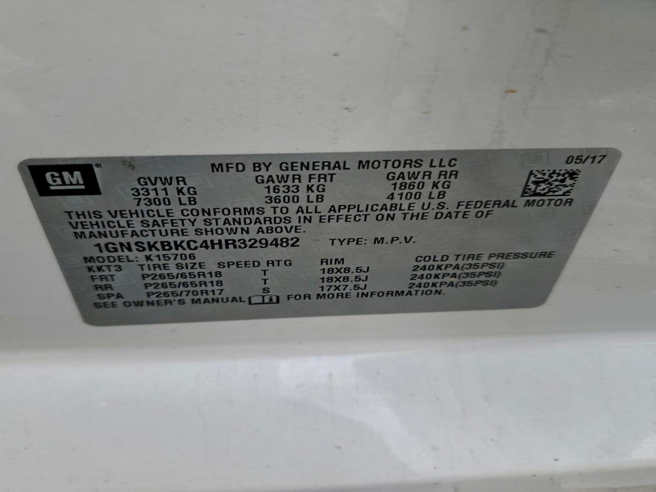2017 Chevrolet Tahoe K1500 Lt VIN: 1GNSKBKC4HR329482 Lot: 93194365
