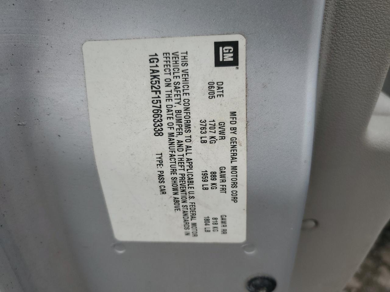 2005 Chevrolet Cobalt VIN: 1G1AK52F157663338 Lot: 92952695