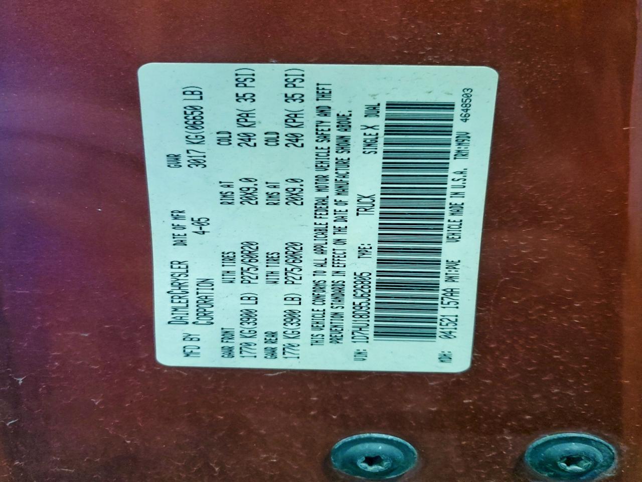 2005 Dodge Ram 1500 St VIN: 1D7HU18D95J626805 Lot: 93639205