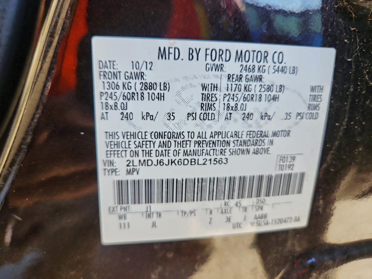 2013 Lincoln Mkx VIN: 2LMDJ6JK6DBL21563 Lot: 94569315