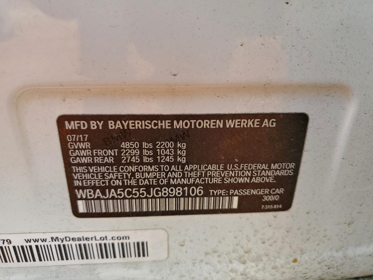 2018 BMW 530 I VIN: WBAJA5C55JG898106 Lot: 94447615