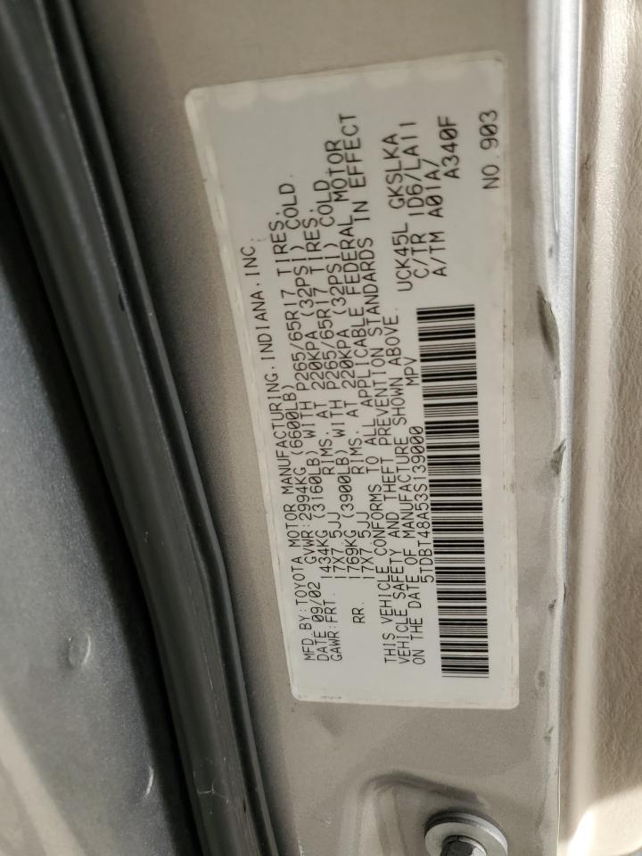 2003 Toyota Sequoia Limited VIN: 5TDBT48A53S139000 Lot: 91339865