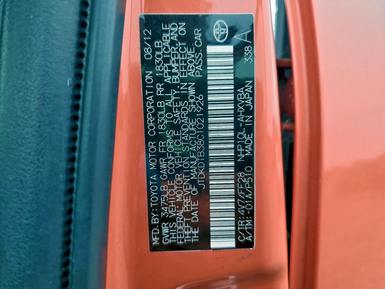 2012 Toyota Prius C VIN: JTDKDTB38C1021926 Lot: 94329055