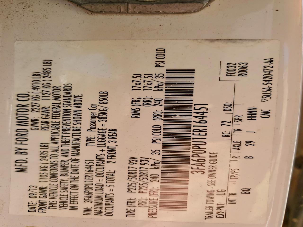 2014 Ford Fusion Se Phev VIN: 3FA6P0PU1ER164451 Lot: 93742185