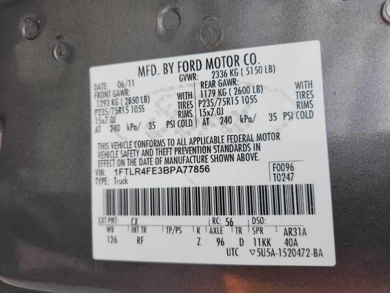 2011 Ford Ranger Super Cab VIN: 1FTLR4FE3BPA77856 Lot: 92881215