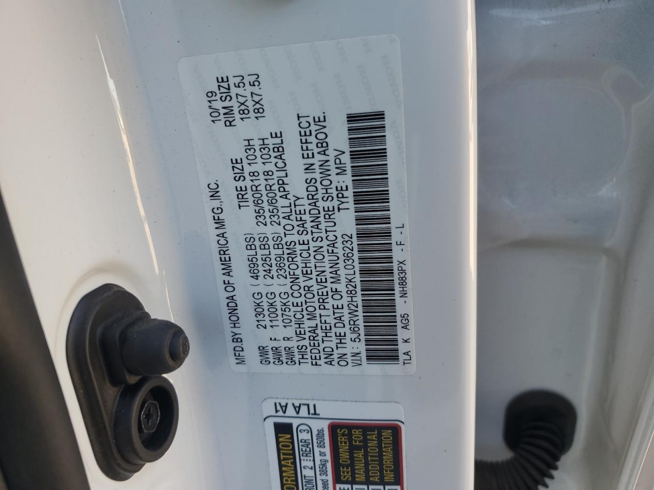 2019 Honda Cr-V Exl VIN: 5J6RW2H82KL036232 Lot: 92350555