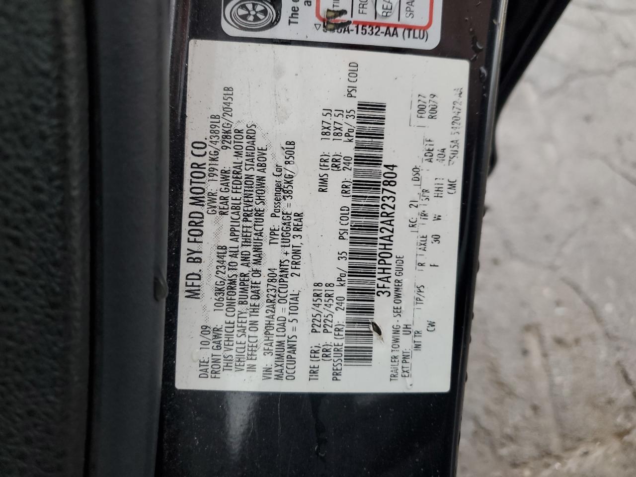 2010 Ford Fusion Se VIN: 3FAHP0HA2AR237804 Lot: 91603585