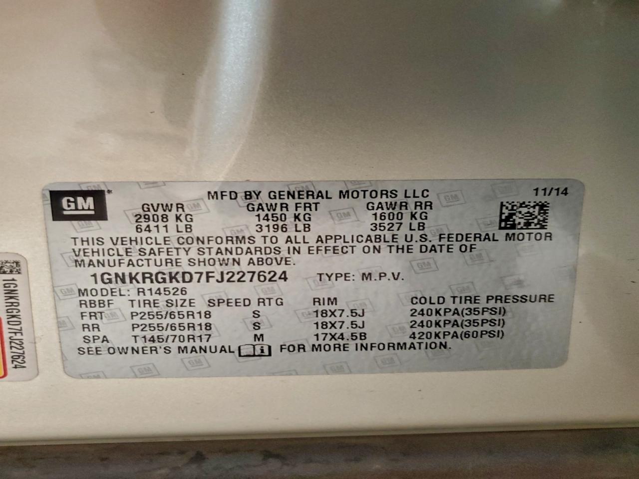 2015 Chevrolet Traverse Lt VIN: 1GNKRGKD7FJ227624 Lot: 93066505