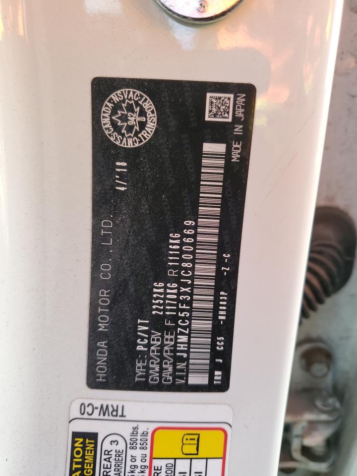 2018 Honda Clarity Touring VIN: JHMZC5F3XJC800669 Lot: 93121935