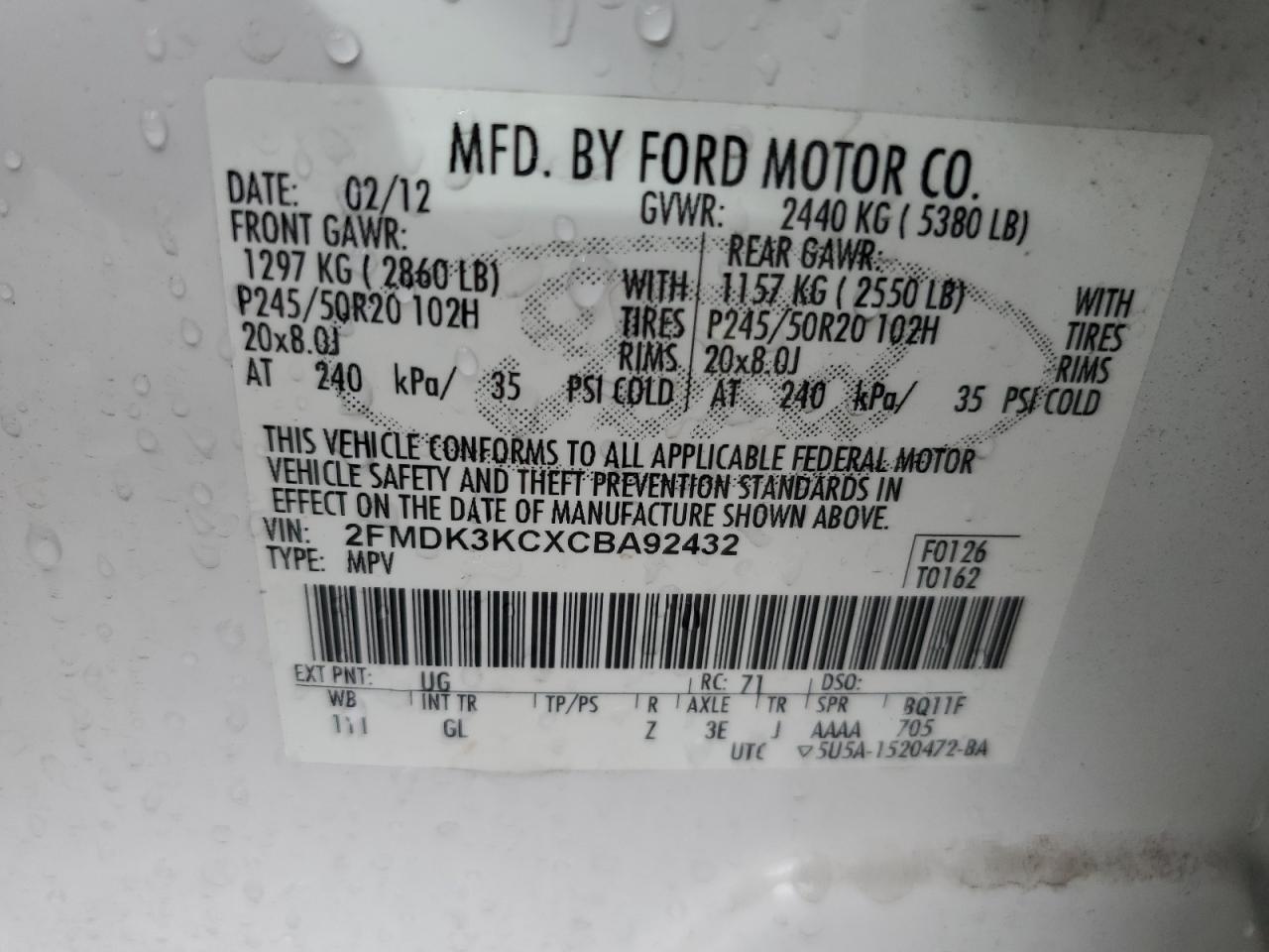 2012 Ford Edge Limited VIN: 2FMDK3KCXCBA92432 Lot: 91644865