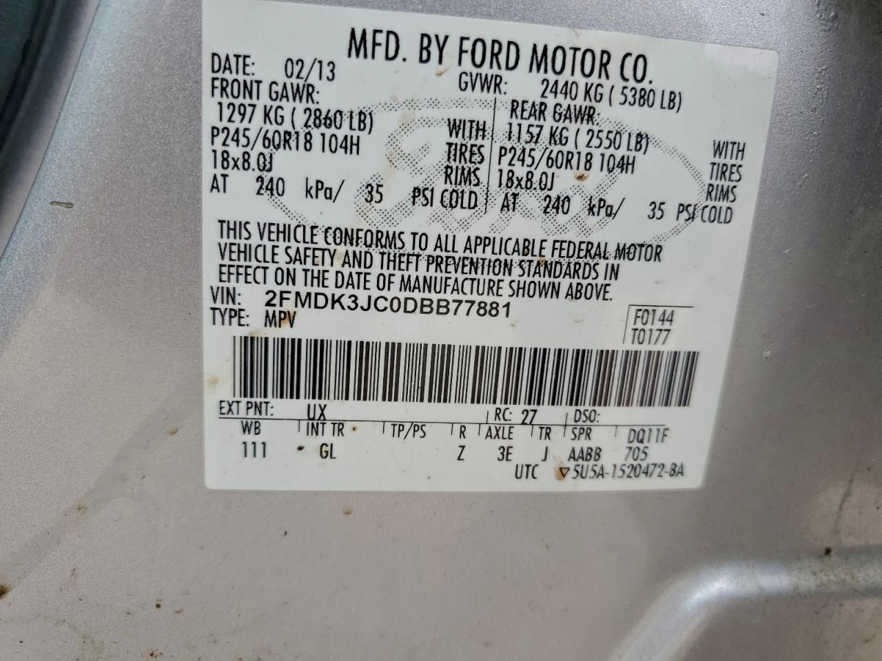 2013 Ford Edge Sel VIN: 2FMDK3JC0DBB77881 Lot: 93604745