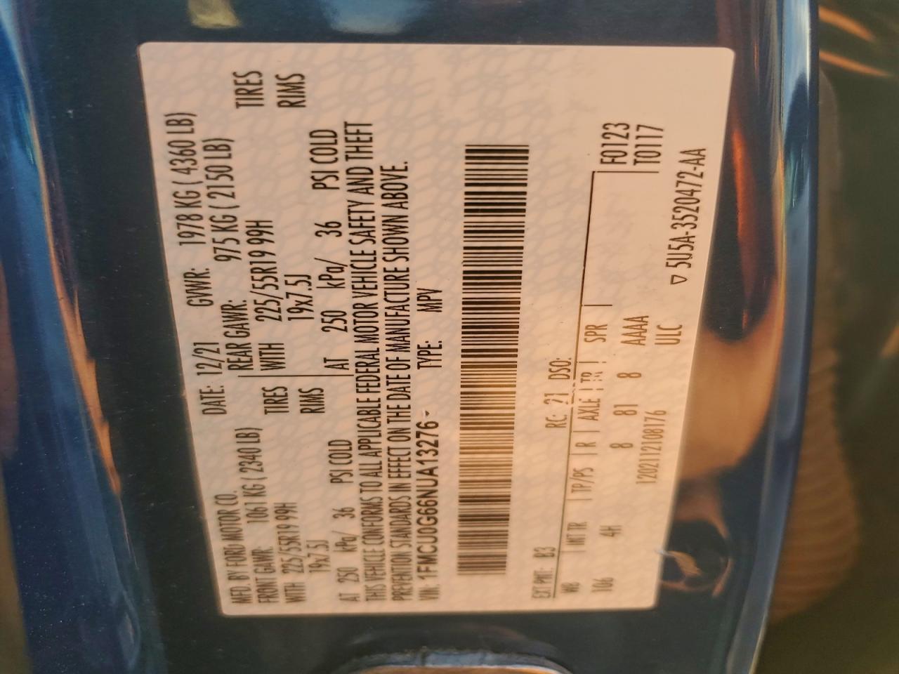 2022 Ford Escape Se VIN: 1FMCU0G66NUA13276 Lot: 93779185