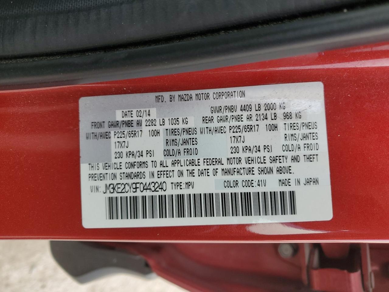 2015 Mazda Cx-5 Touring VIN: JM3KE2CY9F0443240 Lot: 91528505