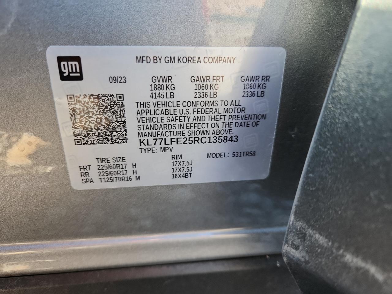 2024 Chevrolet Trax Ls VIN: KL77LFE25RC135843 Lot: 91785175