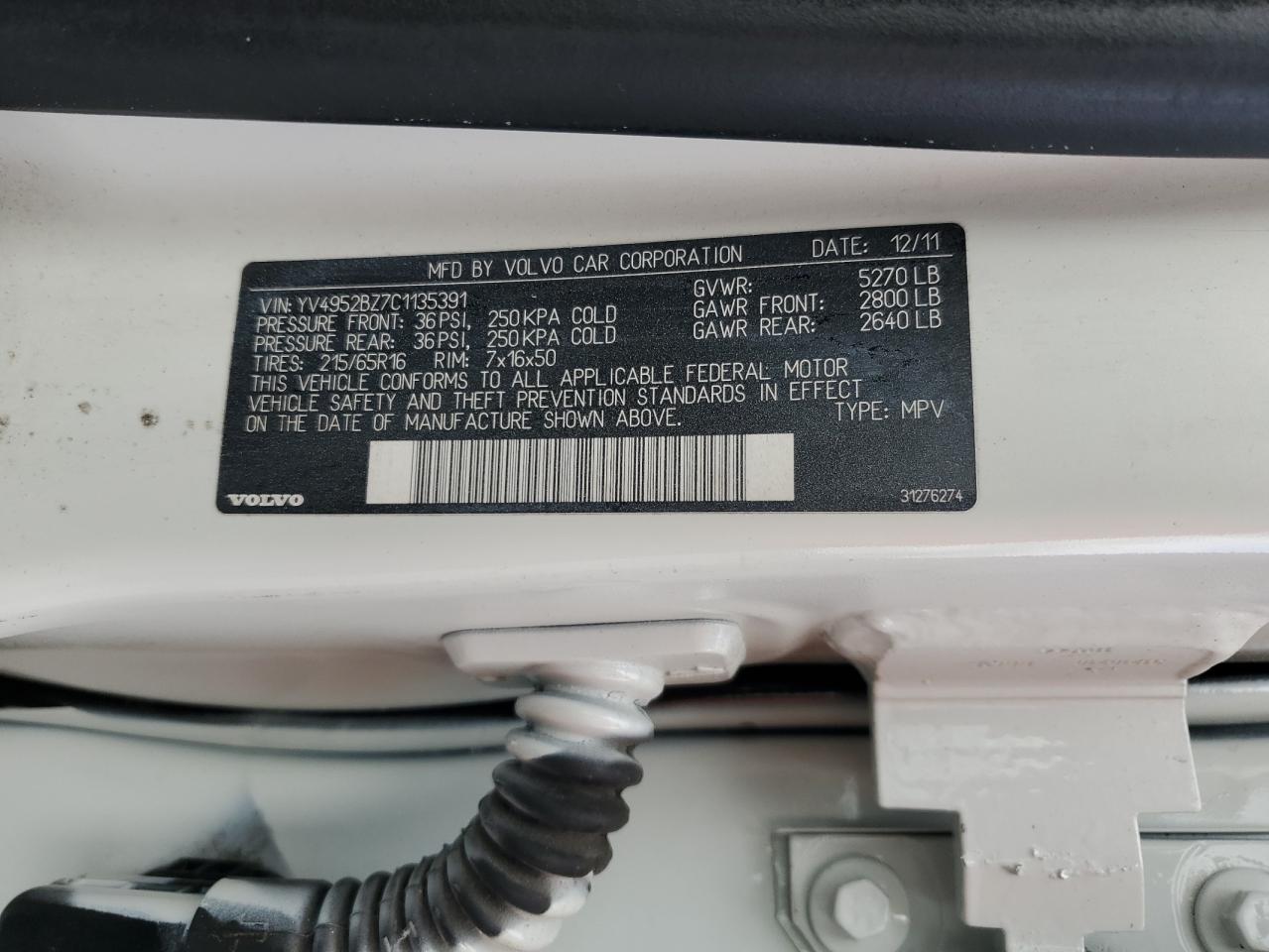 2012 Volvo Xc70 3.2 VIN: YV4952BZ7C1135391 Lot: 91083335