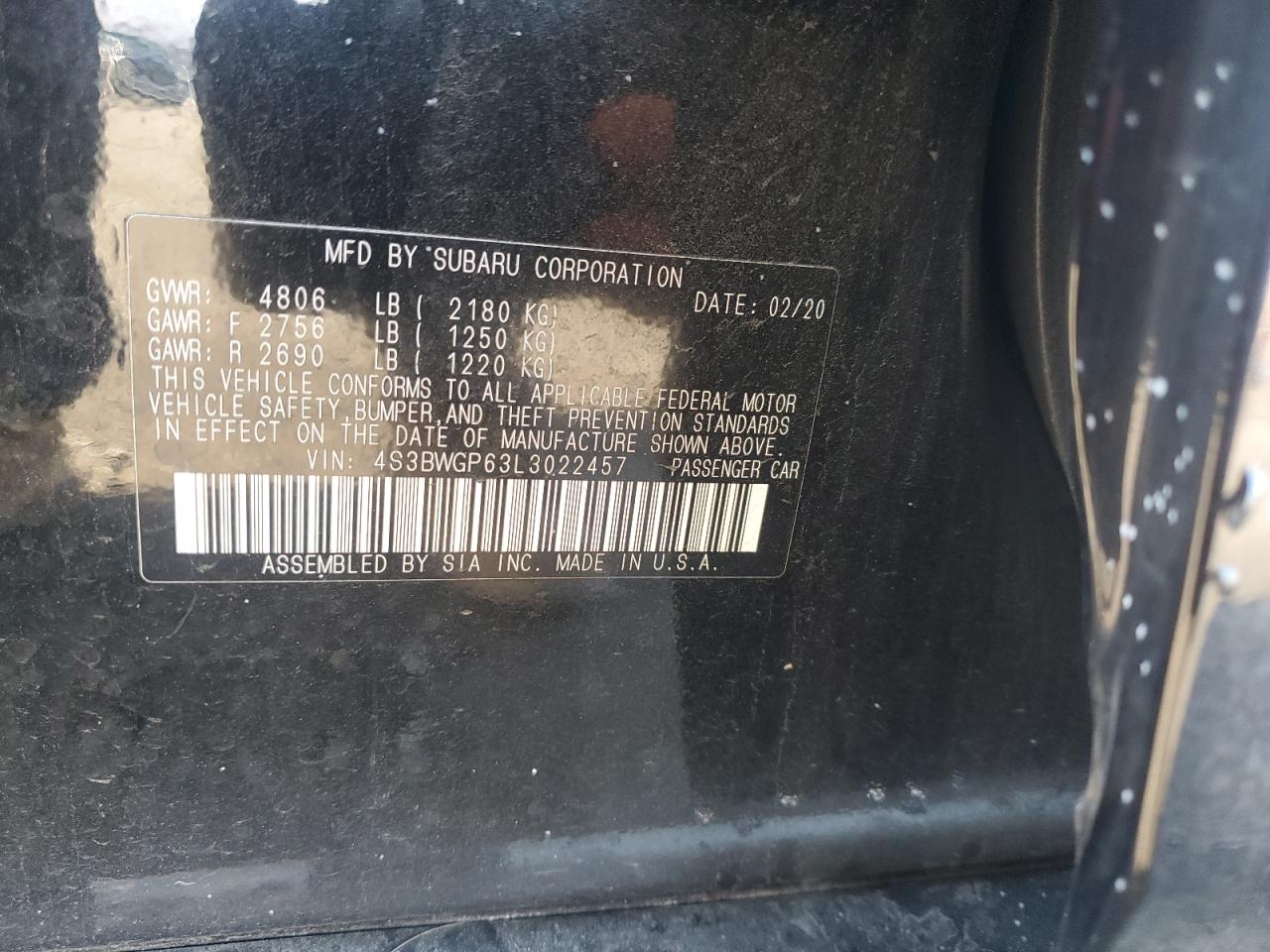 2020 Subaru Legacy Touring Xt VIN: 4S3BWGP63L3022457 Lot: 93343485