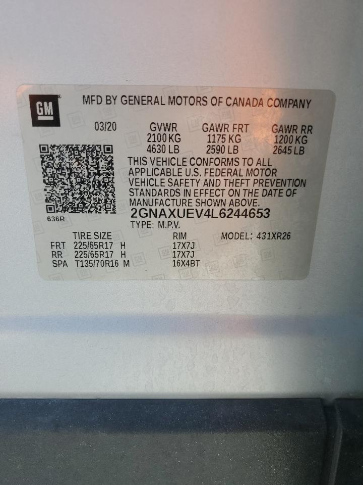 2020 Chevrolet Equinox Lt VIN: 2GNAXUEV4L6244653 Lot: 92955485