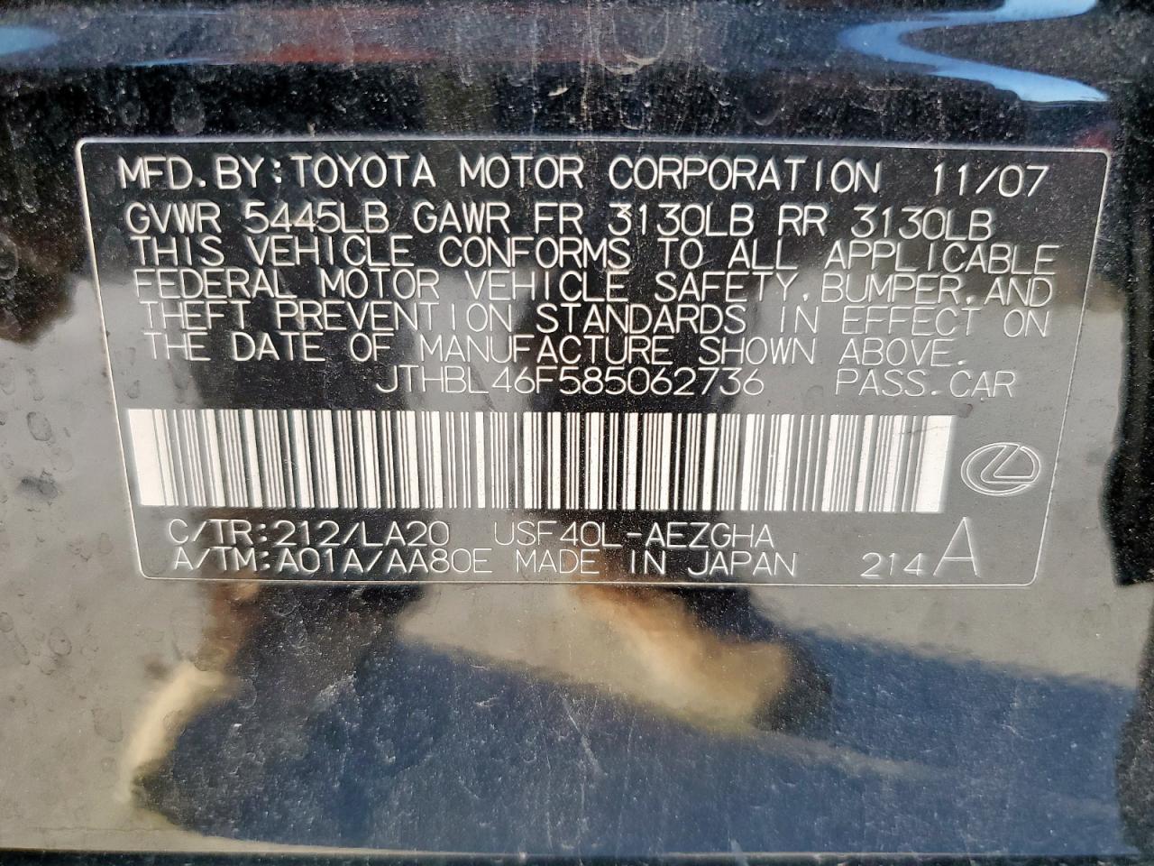 2008 Lexus Ls 460 VIN: JTHBL46F585062736 Lot: 91841375