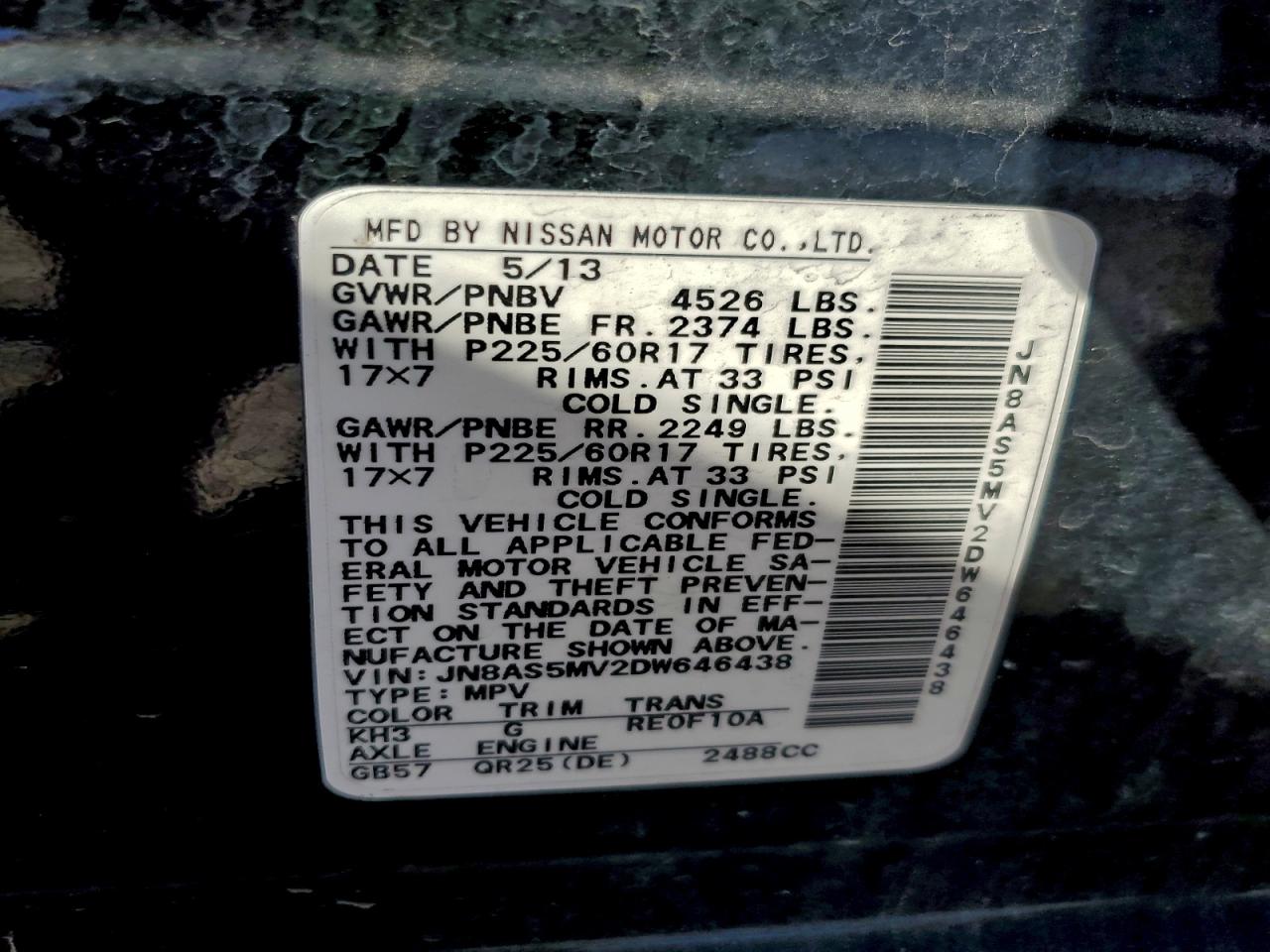 2013 Nissan Rogue S VIN: JN8AS5MV2DW646438 Lot: 94494185