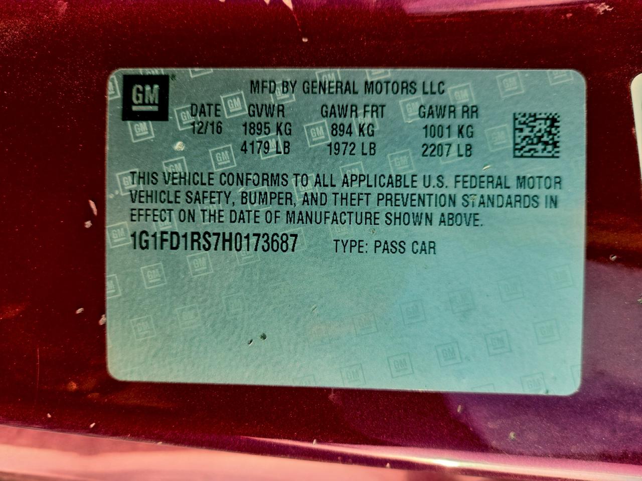 2017 Chevrolet Camaro Lt VIN: 1G1FD1RS7H0173687 Lot: 93745415