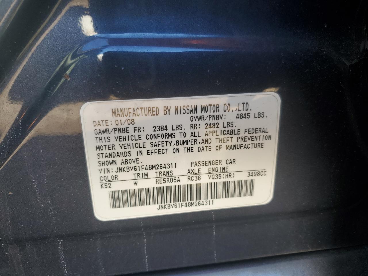 2008 Infiniti G35 VIN: JNKBV61F48M264311 Lot: 91870815