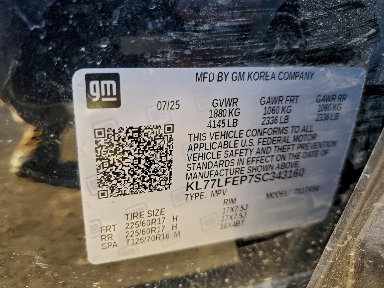 2025 Chevrolet Trax Ls VIN: KL77LFEP7SC343160 Lot: 93690335