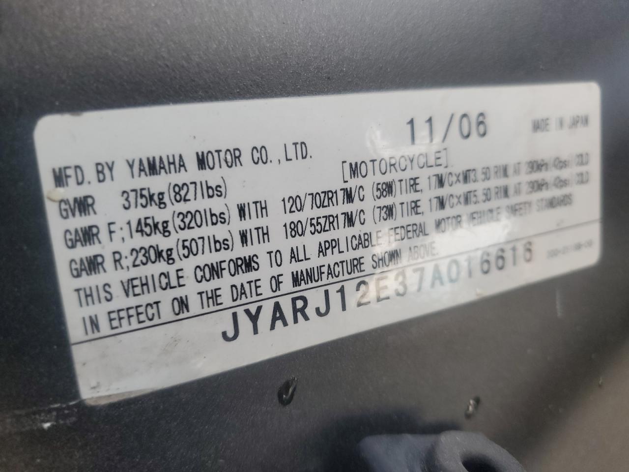 2007 Yamaha Yzfr6 L VIN: JYARJ12E37A016616 Lot: 91302265