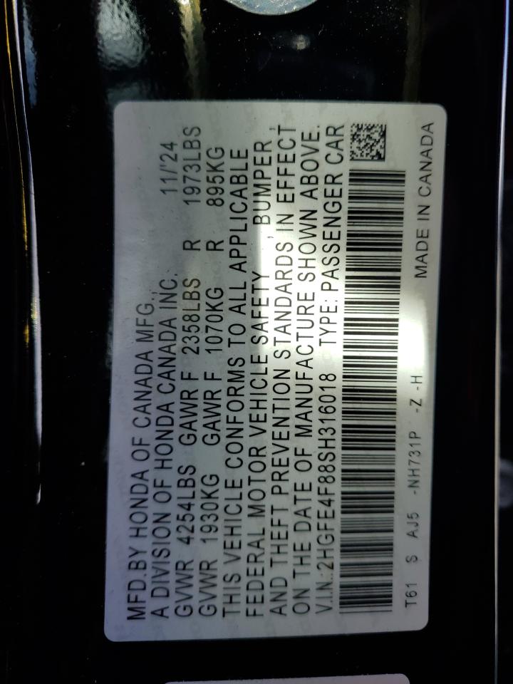 2025 Honda Civic Sport VIN: 2HGFE4F88SH316018 Lot: 93351365