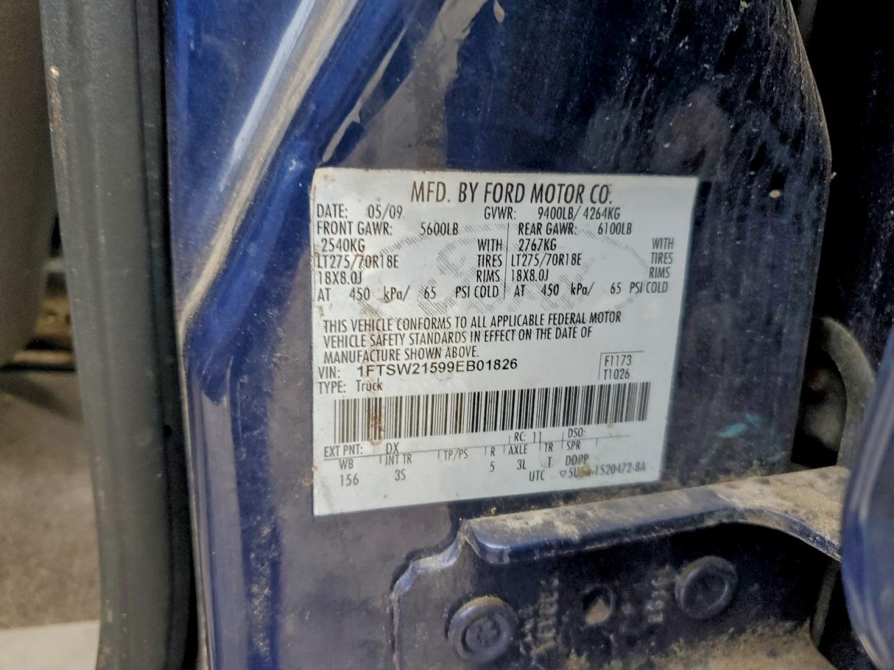 2009 Ford F250 Super Duty VIN: 1FTSW21599EB01826 Lot: 94086425