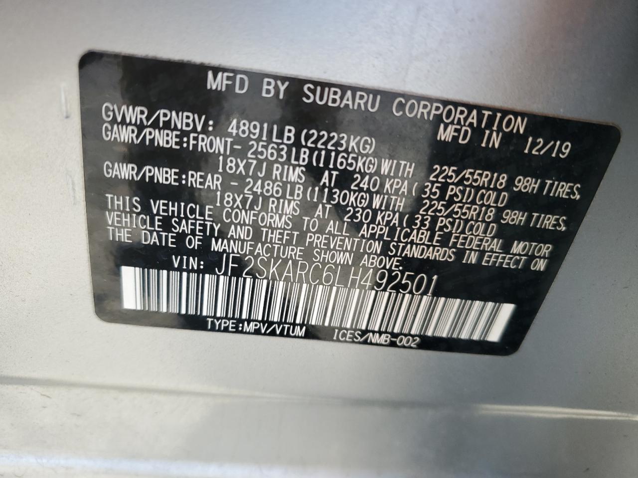 2020 Subaru Forester Sport VIN: JF2SKARC6LH492501 Lot: 92608095