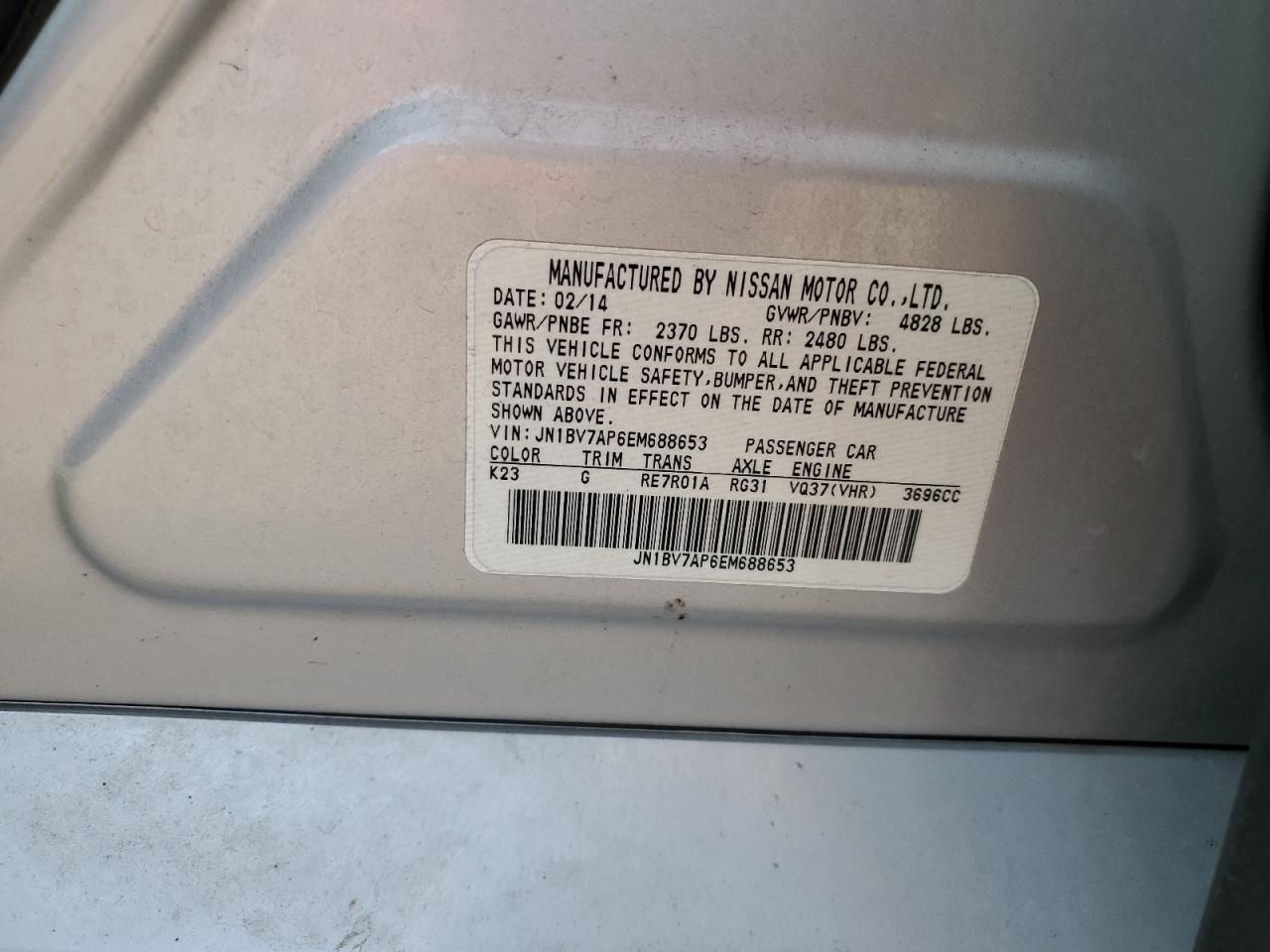 2014 Infiniti Q50 Base VIN: JN1BV7AP6EM688653 Lot: 91940285