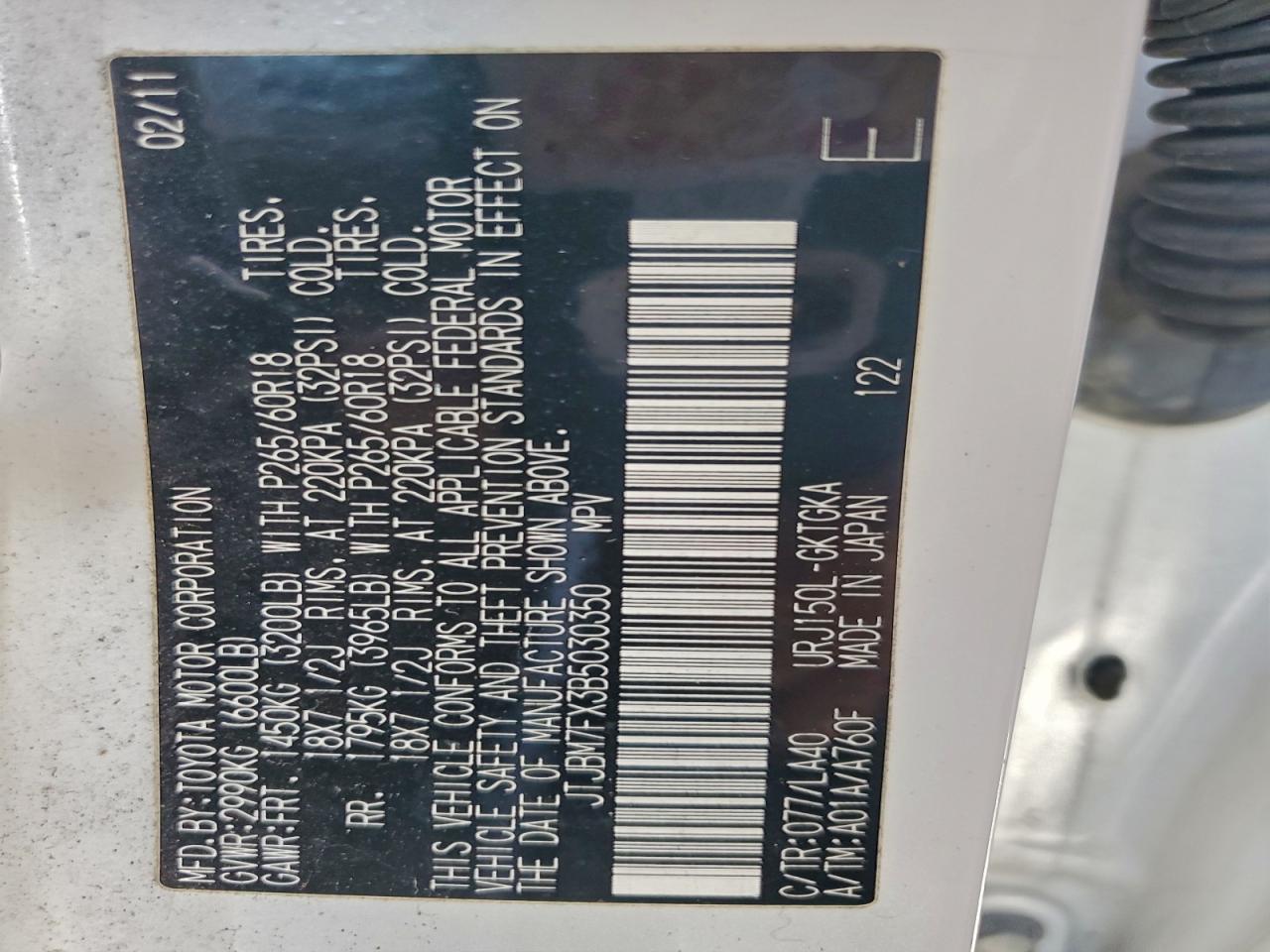 2011 Lexus Gx 460 VIN: JTJBM7FX3B5030350 Lot: 93250465