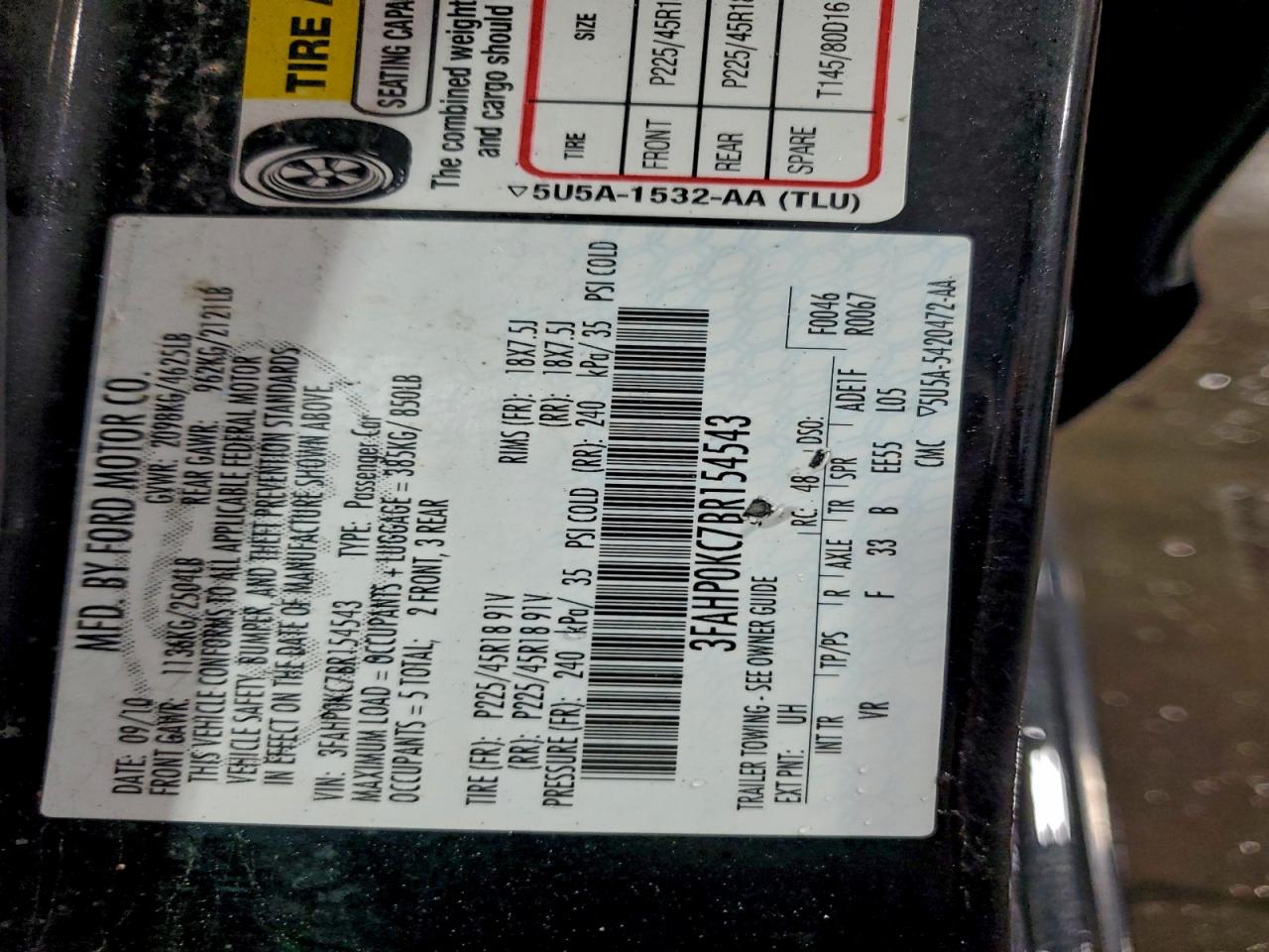 2011 Ford Fusion Sport VIN: 3FAHP0KC7BR154543 Lot: 93348055