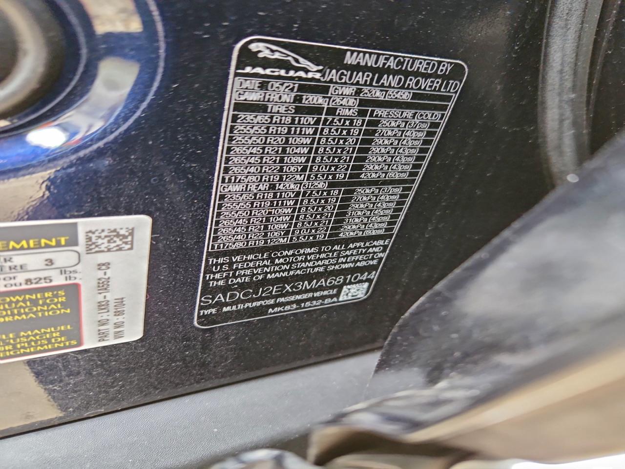 2021 Jaguar F-Pace S VIN: SADCJ2EX3MA681044 Lot: 93750525